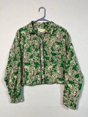 C&C California Green Floral Linen Top Cropped with Leopard Jungle Print XL